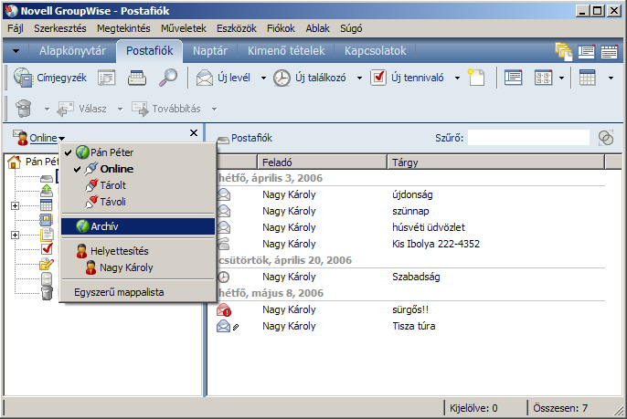 Archivált tételek megtekintése 1) Válassza a menüből a Fájl > Archívum megnyitása menüpontot. Ezzel megnyitja az archívumot, melyet a GroupWise kliens Fejlécén található Archív felirat mutat.