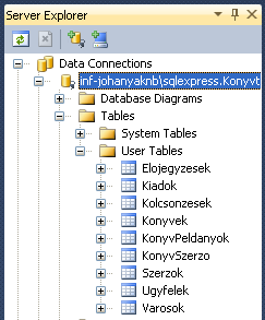 A Server Explorerben győződjünk meg róla, hogy a táblák létrejöttek, és a korábban lementett adatok bennük vannak. 6.