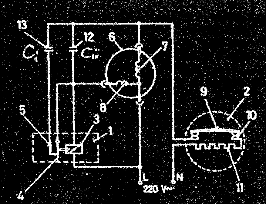 a) villamos kapcsolási vázlat; b) áramrelé; e) védőkapcsoló ; 1 áramrelé test; 2 védőkapcsoló test ; 3 gerjesztő tekercs; 4 horgony; 5 segédfázis állóérintkező ; 6 segédfázis mozgóérintkező ; 7