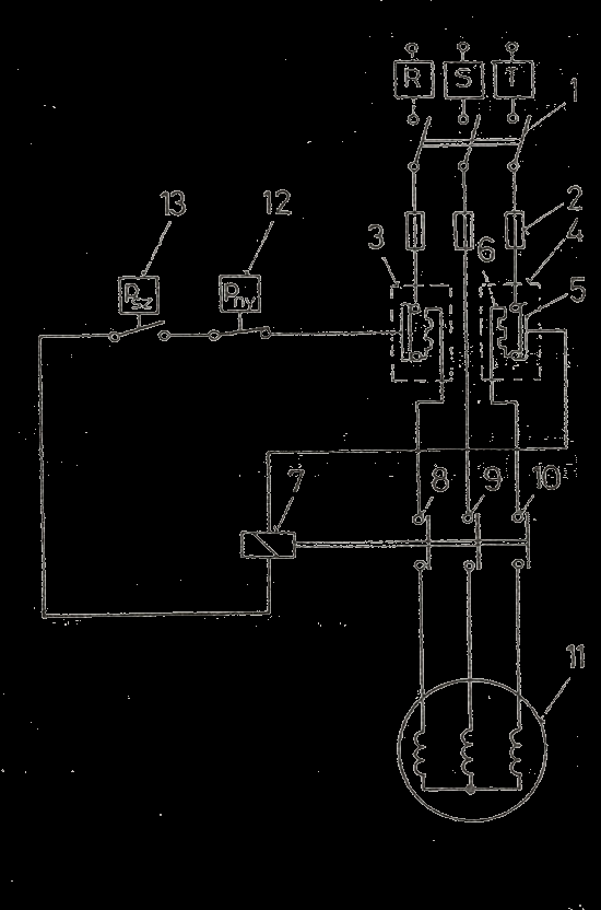 1 főkapcsoló; 2 kismegszakító; 3 termikus túláram védő; 4 mágnes kapcsoló; 5, 6, 7 munkaérintkező; 8 villamosmotor; 9,10, 11 fázistekercs; 12 csillagponti védőkapcsoló 150. ábra.
