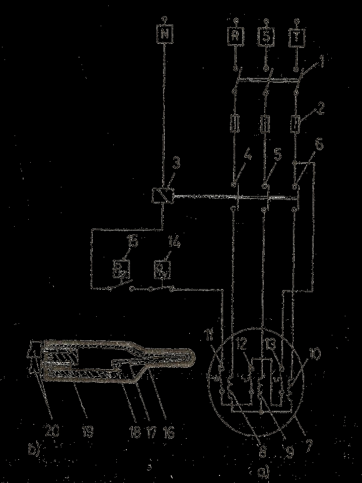 a) villamos kapcsolási vázlat; b) bimetall védőkapcsoló ; 1 főkapcsoló ; 2 olvadóbiztosító; 3 mágneskapcsoló; 4, 5, 6 munkaérintkező, 7 villamos motor; 8, 9, 10 fázistekercs ; 11, 12, 13 bimetallos