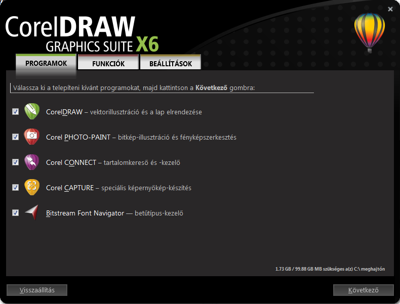 A Photo-Paint használata 41 A következő panelen, a Programok lapon jelölőnégyzetekkel, illetve a Tartalma listákból választjuk ki a CorelDRAW Graphics Suite X6 programcsomag telepítendő fő