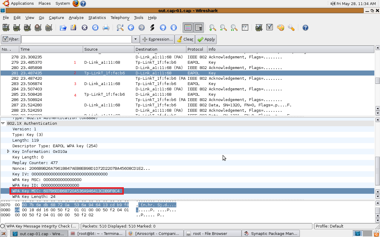 Jelszó sztring tesztelésének szemléltetése Aircrack-ng programmal: A jelszó sztringből előállított PBKDF2 hash-ek tesztelésekor a Transient Key-eket és a MIC-eket kiszámolják a fenti eljárással, és