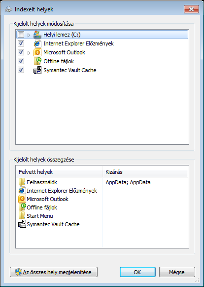 20 Az Enterprise Vault beállítása A Windows Keresés konfigurálása 3 A Kijelölt helyek módosítása listán ellenőrizze, hogy be van-e jelölve a Virtuális trezor melletti jelölőnégyzet.