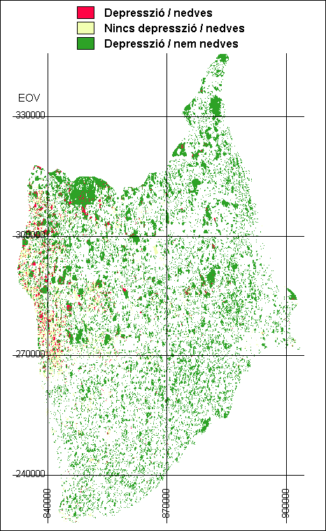 5. ábra: A Nyírség depresszió-térképe 6. ábra: A Nyírség potenciális depressziótérképének és a műholdfelvétel alapú nedves területlehatárolásnak az összehasonlítása Az 5 6.