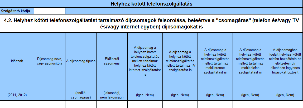 4.2. Helyhez kötött telefonszolgáltatást tartalmazó díjcsomagok felsorolása, beleértve a "csomagáras"