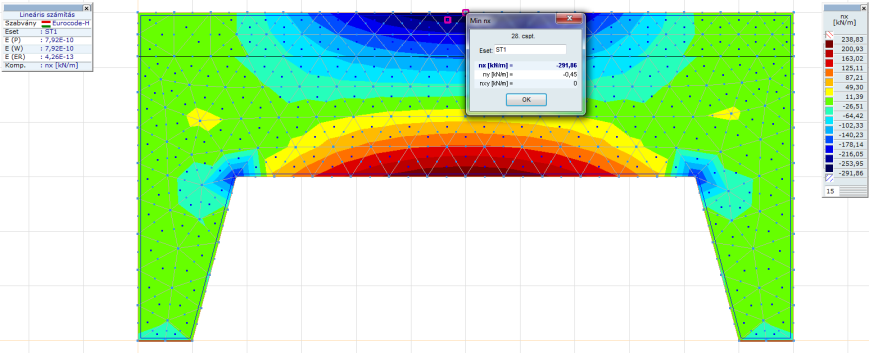 114 AxisVM 11 A statika fül -ön az ez[mm] felirat melletti nyílra kattintva lépjünk át a Felületi igénybevételek közül az nx-re: Az nx ábra a tárcsában keletkező fajlagos normálerő ábrája.