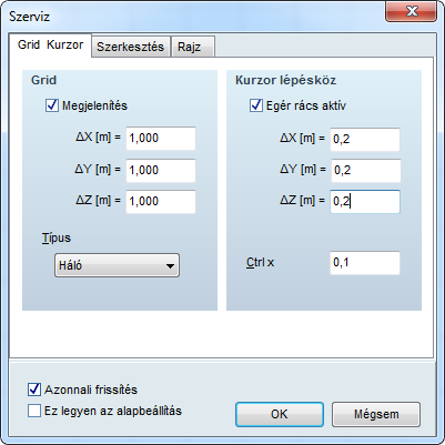 120 AxisVM 11 Beállítások Aktiváljuk a Beállítások menü Szerviz sorában levő Grid&Kurzor funkciót.