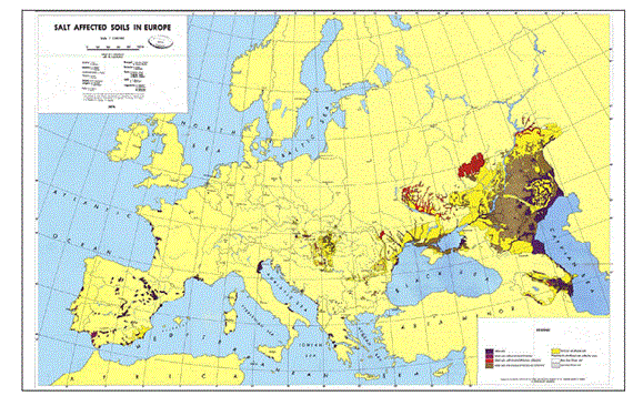 Talajok kémiai degardációja szikesedés 36. ábra: Az európai szikes területek megoszlása Szabolcs (1974) nyomán. 1. Saline soils (szoloncsákok) sötét kék; 2.