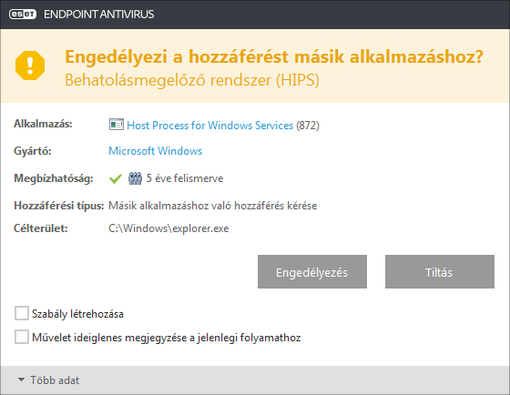 3.8.1.8.2 A Behatolásmegelőző rendszer interaktív ablaka Ha egy szabályhoz alapértelmezés szerint a Rákérdezés van megadva, a szabály aktiválásakor minden alkalommal megjelenik egy párbeszédpanel.