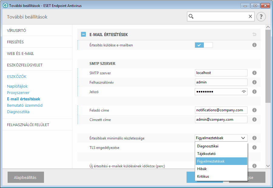 3.8.4.10 E-mail értesítések Az ESET Endpoint Antivirus képes automatikusan értesítő e-maileket küldeni a kiválasztott részletességi szintű esemény előfordulása esetén.