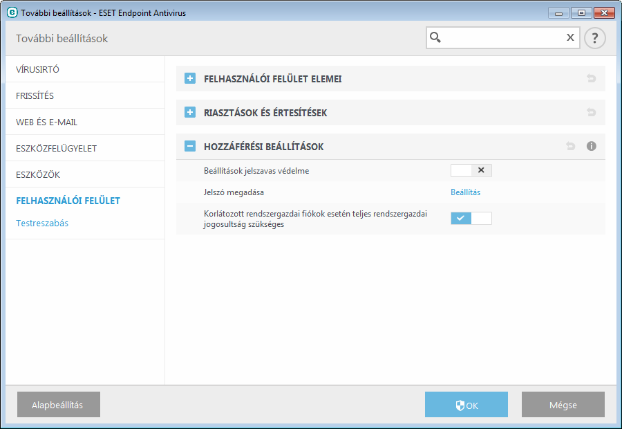 3.8.5.2 Hozzáférési beállítások A rendszer maximális biztonsága érdekében fontos, hogy az ESET Endpoint Antivirus megfelelően legyen konfigurálva.