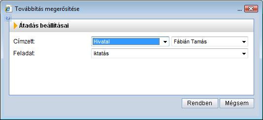 IKTATÁS ÁTADÁSA gomb segítségével, iktatásra váró iratok listájában egy vagy több kijelölt iratot lehetőség van átadni másik iktatónak. Az így átadott iratot nem iktatjuk le.