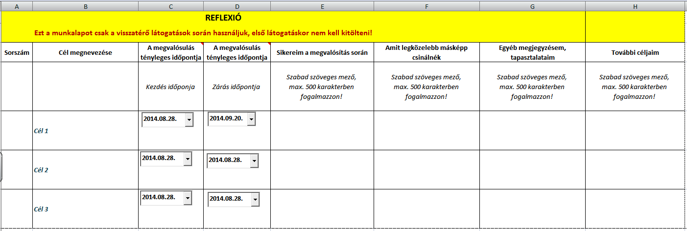 6.3 PSZFT reflexiók A visszatérő látogatások alkalmával a pedagógus az első (előző) alkalommal kitöltött PSZFT-jével dolgozik. Az Excel fájl 4.