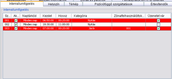 Zónák és partíciók: A felső ablak tartalmazza a rendszer összes zónájának sorszámát, nevét, és az érzékelő típusát (szenzor). Az alsó táblázat a rendszer partícióit mutatja.