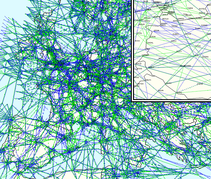 62. ábra. Az európai útvonalhálózat 2014. január 21-én (kék: páros, zöld: páratlan útvonalak) (az EUROCONTROL Demand Data Repository adatbázisa alapján szerk.: SZTRUNGA E.