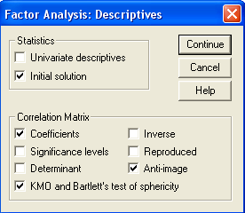 Ezt követően Descreptives doboz segítségével tudjuk tesztelni, hogy a fent bevont változók alkalmasak-e a faktor-analízisre.