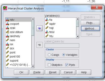 186. ábra: A változókra lekért analízis esetén a mentési funkció inaktív Végül nézzünk meg egy SPSS által készített dendrogramot. Az analízist a FLA-BMI közötti 12 változóra kérjük a javasolt és 186.