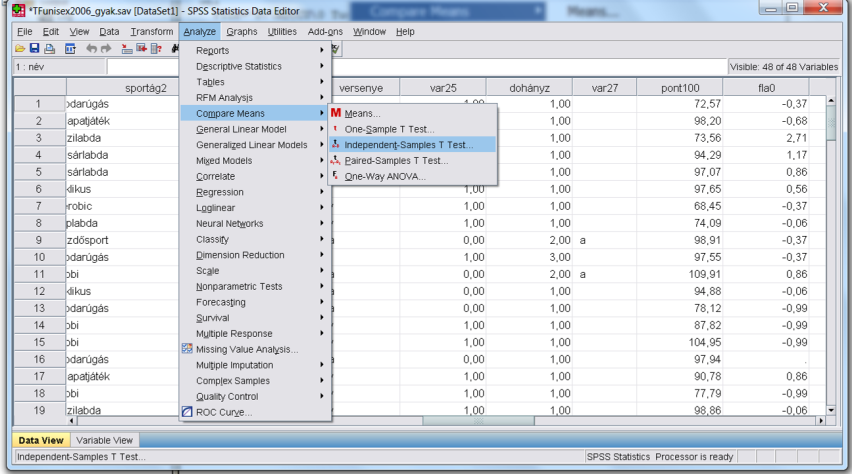 33. ábra: A t-próbák és az ANOVA indítása az SPSS-ben 34.