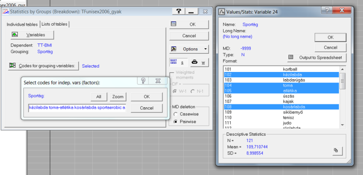 38. ábra: Változók kijelölése (ANOVA, StatSoft) 39. ábra: A csoportosítási változó értékeinek megadása (StatSoft) 18.