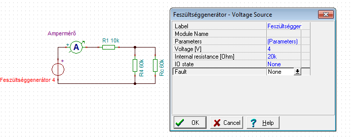 5. ábra A vizsgált hálózat A műszerünk 100µA-t mutat, amely az képlet szerint tökéletesen mér. R e = U gener átor = 4V = 0,04MΩ = 40kΩ I amperm érő 100µA Most bontsuk meg az ideális állapotot!