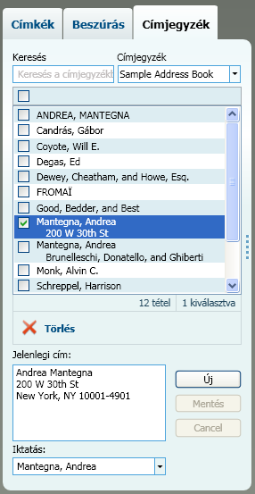 A Címjegyzék lap A Címjegyzék lap A Címjegyzék lapon az aktuális címjegyzékben található névjegyek listája látható.