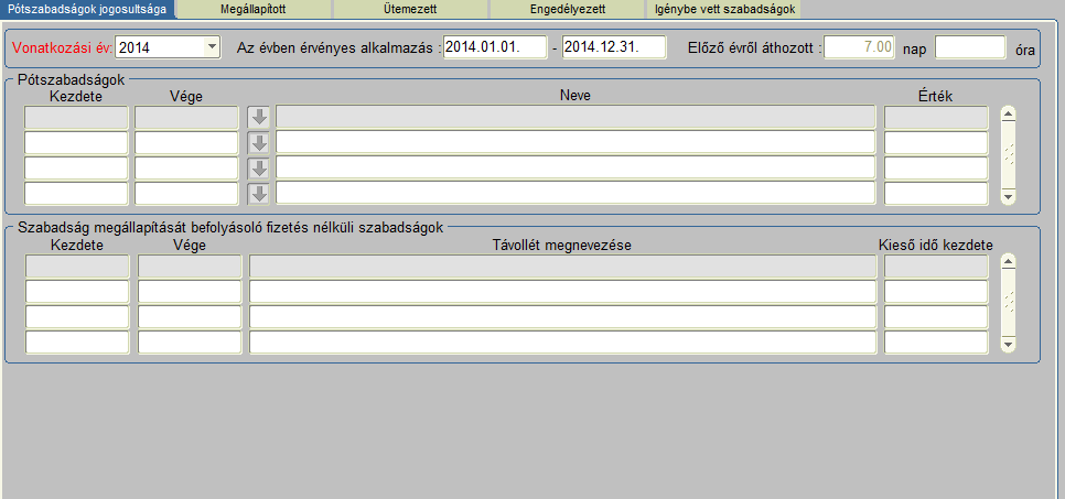 9 Földalatti munkavégzés illetve sugárzás miatti pótszabadság 10 Egészségkárosodás miatti pótszabadság 11 Művészeti pótszabadság 12 Hszt. 92. (1) a) szerinti pótszabadság 13 Hszt. 92. (1) b) szerinti pótszabadság 14 Hszt.