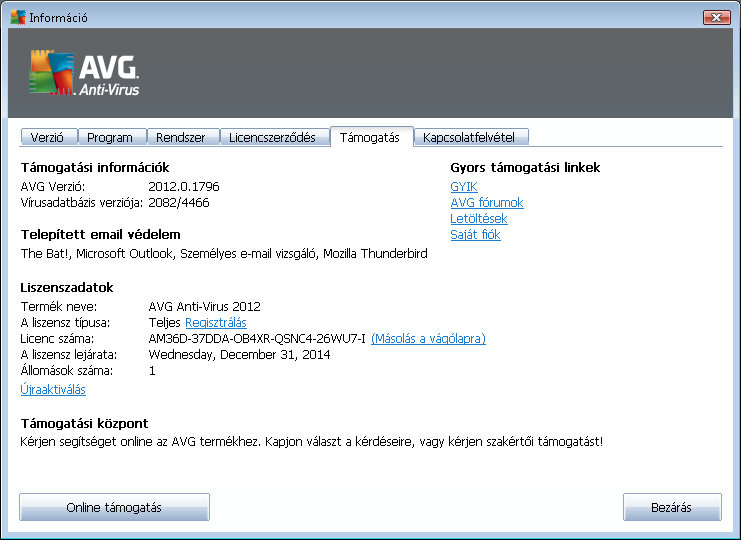 13. Gyakori kérdések és műszaki támogatás Ha az AVG Anti-Virus 2012 termékkel kapcsolatban bármilyen értékesítési vagy technikai problémája van, több módon is segítséghez juthat.