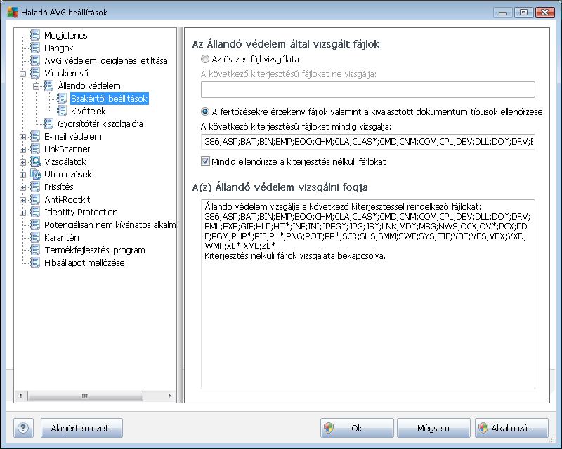 Az állandó védelem által vizsgált fáj lok párbeszédpanelen beállíthatja, hogy mely fájlokat ( megadott kiterj esztéssel rendelkezőket) vizsgálja át a program: Jelölje be a megfelelő jelölőnégyzetet