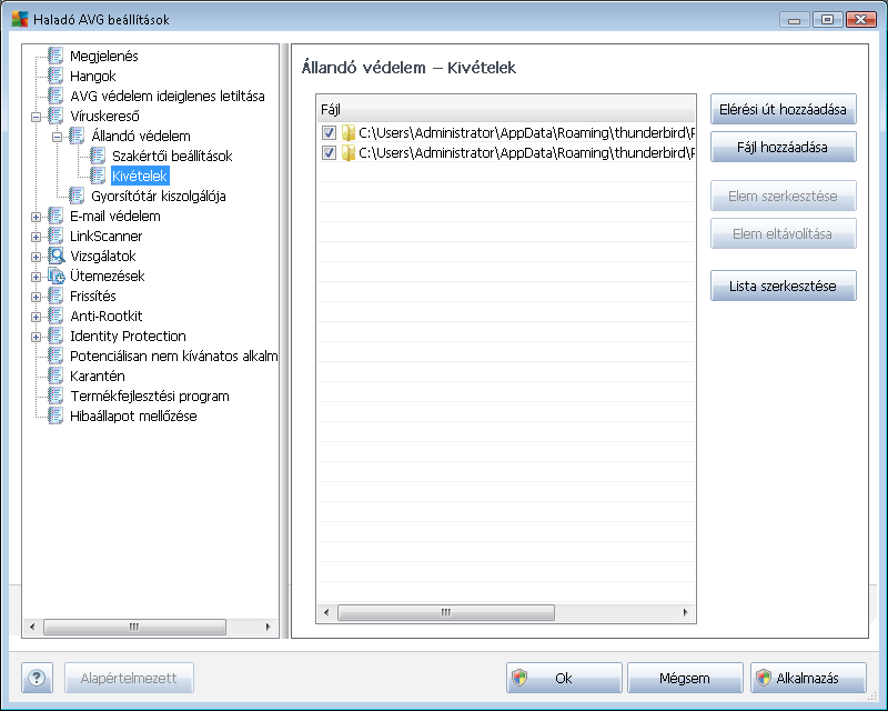 Az Állandó védelem Kivételek párbeszédpanelen lehetősége van az Állandó védelem ellenőrzése alól mentesülő fájlok és/vagy mappák megadására.