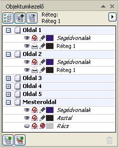 ISMERKEDÉS A PROGRAMMAL 31 Oldalanként használható rétegek Szintén az X4-es változat újdonsága, hogy mindegyik oldalon saját, csak az adott oldalról elérhető rétegeket hozhatunk létre, ezzel az