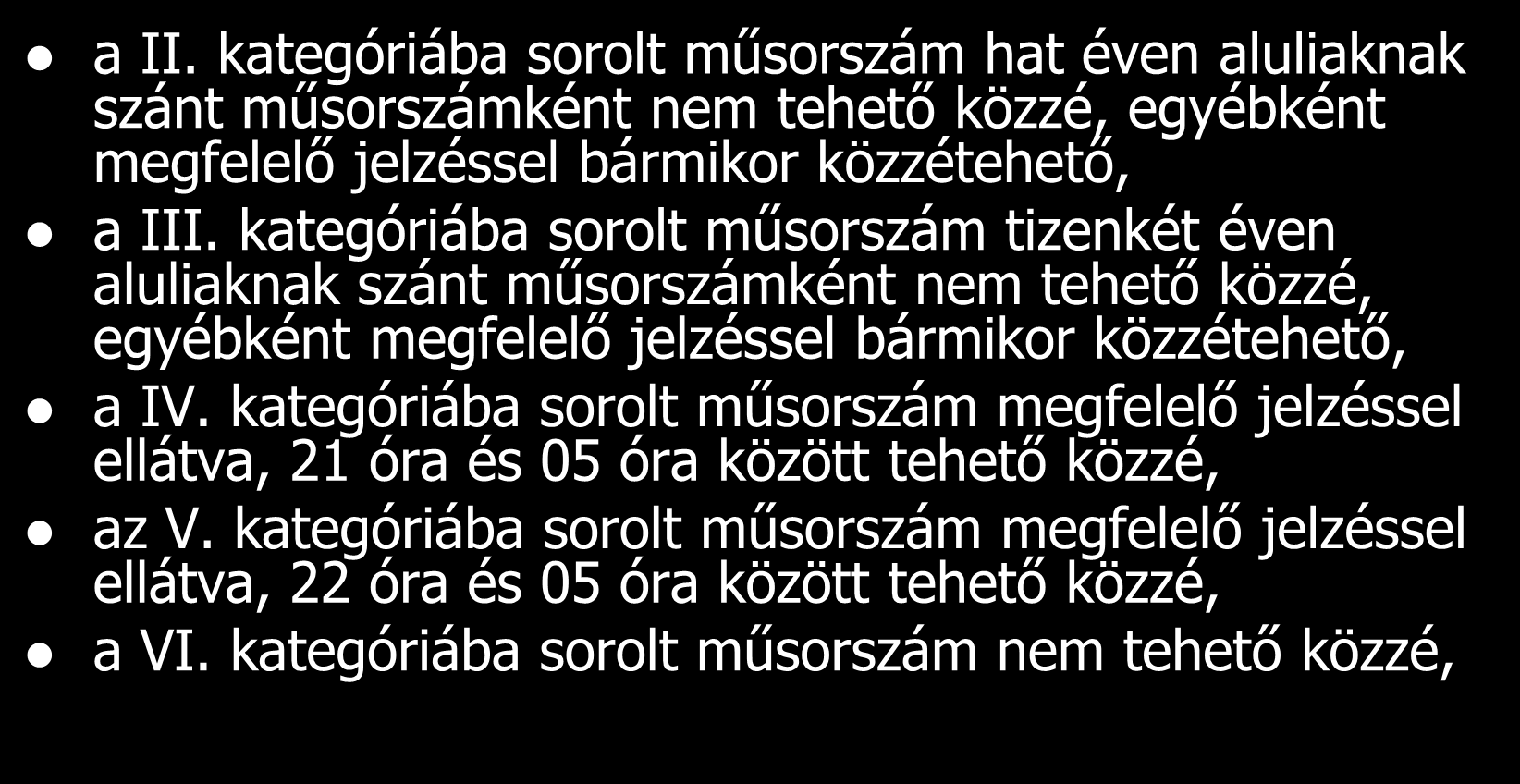 Műsorok közzététele a II. kategóriába sorolt műsorszám hat éven aluliaknak szánt műsorszámként nem tehető közzé, egyébként megfelelő jelzéssel bármikor közzétehető, a III.