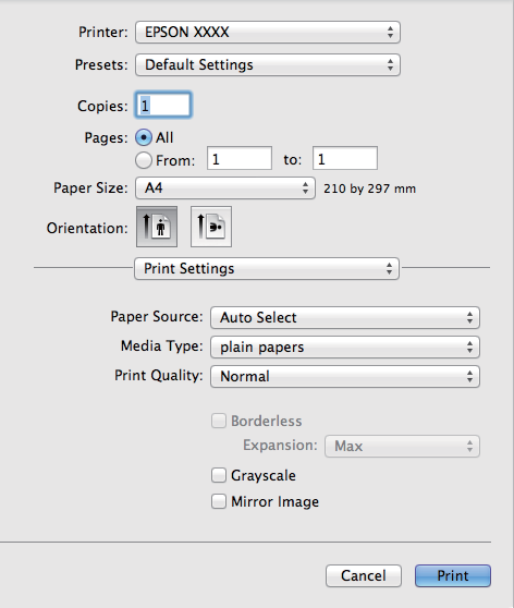 Nyomtatás F Válassza az előugró menü Print Settings (Nyomtatási beállítások) elemét. G H I J K Adja meg a Paper Source (Papírforrás) beállítás értékét.