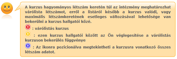 Az ikonokról információs panel is felvilágosítást nyújt: Az Órarend inf oszlop jelzi, hogy az adott kurzus mikor (és hol) lesz, a hét napjait a kezdőbetűjük jelöli.