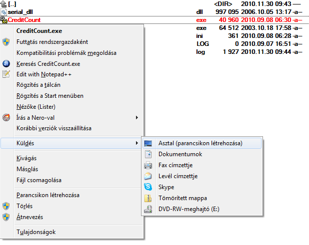 g. A C:\Program Files\CreditCount könyvtárban található CreditCount.exe -ről készítsünk egy parancsikont az Asztalra. Jobb klikk a CreditCount.