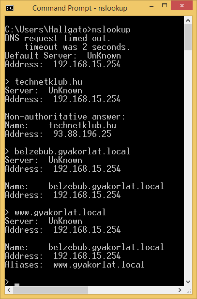 1.Tartomány, DNS, NAT, DHCP Beállítások kipróbálása a Windows 8.1 gépen parancssorban. 1.5.1. Névkeresési zóna konfigurálása Az alap DNS konfiguráció csak címkeresési zónát hozott létre.