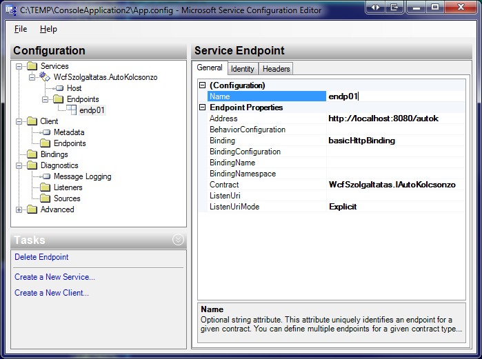 178 FEJEZET 12. COMMUNICATION FOUNDATION 12.15. ábra. A végpont SvcConfigEditor.exe szolgáltatásviselkedést adhatunk meg. A teljes App.config az alábbi módon néz ki: 1 <?xml v e r s i o n=" 1.