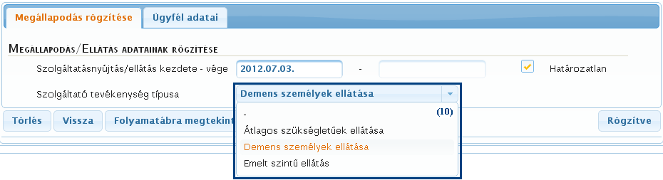 4.1.1. Új megállapodás rögzítése Kattintson a kiválasztott igénybevevő sorának végén található (5) M/E (Megállapodás/Ellátás) gombra!