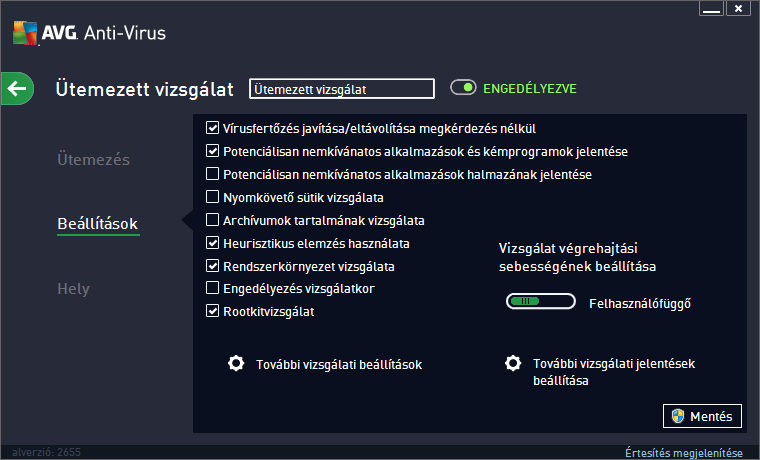 A párbeszédpanel vezérlői Mentés A lapon vagy a párbeszédpanel többi lapján végrehajtott összes módosítást menti, és visszatér az Ütemezett vizsgálatok áttekintéséhez.