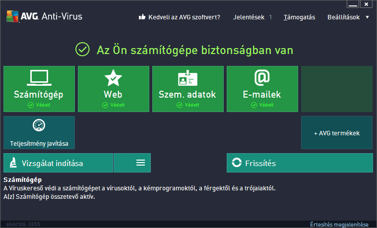 5. AVG felhasználói felület Az AVG Anti-Virus 2013 a főablakkal együtt nyílik meg: A főablak több részből áll: A Felső navigációs sáv négy aktív hivatkozásból áll, amelyek a főablak felső részén