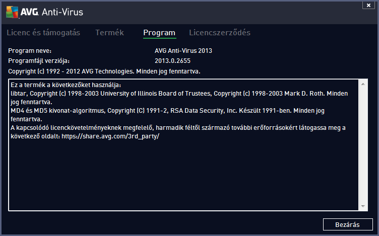 Program Ezen a lapon információt talál a programfájl verziójáról és a termékben használt, harmadik féltől származó kódról: