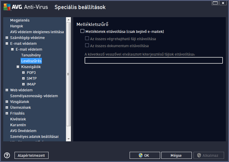 A Mellékletszűrő párbeszédpanel használatával beállíthatja az e-mail mellékletek vizsgálatának paramétereit. Alapállapotban a Mellékletek eltávolítása opció ki van kapcsolva.