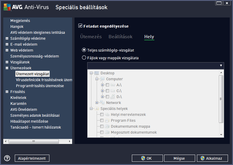 A Hely lapon meghatározhatja, hogy a számítógép teljes vizsgálatát vagy csak bizonyos fájlok és mappák vizsgálatát szeretné ütemezni.