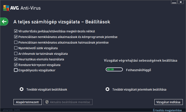 A listában tetszés szerint be- és kikapcsolhatja az adott vizsgálati paramétereket: Fertőzés j avítása/eltávolítása kérdés nélkül (alapértelmezés szerint bekapcsolva) Ha a rendszer vírust talál a