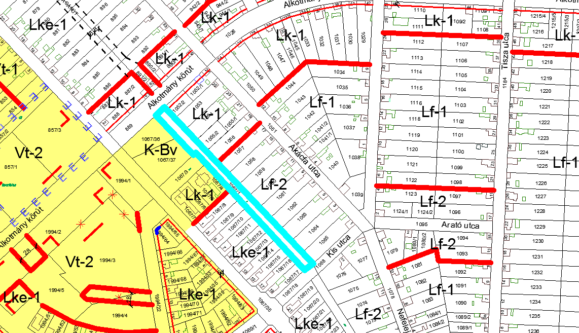 SZ-2 Szabályozási terv (változással érintett terület világoskék vonallal lehatárolva) változik Módosítás (módosított szerkezeti terv a 4.