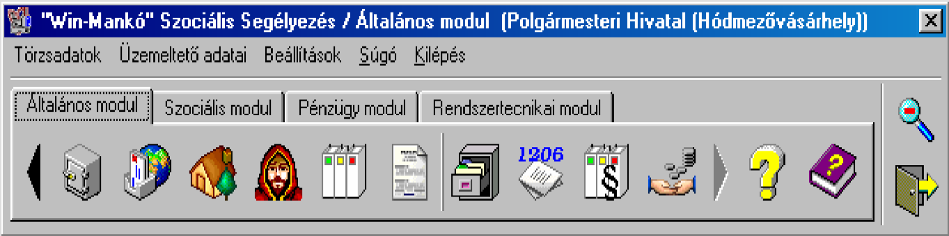 2. ábra - Win-MANKÓ kezdő felület A képernyő két részre osztott: a felső részben helyezkednek el un. füleken a modulok megnevezései, alatta a fontosabb képernyők gyorsító ikonjai.