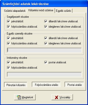 21. ábra - Kifizetési mód szűrése számfejtésnél Kifizetési mód szűrése fül Erre a fülre kattintva az adattartalom kitöltésével rendezhetők a számfejtett adatok különböző listákba.