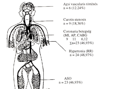 2 fennállásának átlagos ideje 12,1 év (min.: 2 év, max: 40 év). A cukorbetegség típusa: 1. típusú diabetes: 4 beteg, 2. típusú diabetes: 49 beteg.