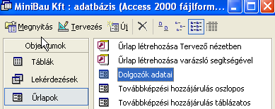 Az őrlap alján a Rekord: felirat után a rekordléptetı (navigáló) gombokat találjuk. A sor végén látható, hogy a DOLGOZÓK tábla eddig összesen 5 rekordot tartalmaz.