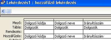 A BEOSZTÁS nevő tábla az ácsokat és az asztalosokat fogja tartalmazni. Mentsük a lekérdezést Asztalosok névvel, majd zárjuk be a lekérdezést! Tekintsük meg a BEOSZTÁS táblát ADATLAP NÉZET-ben!